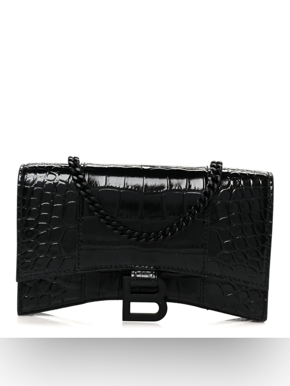 Balenciaga Black Croc-Embossed Hourglass Crossbody Chain Bag w/ Metal 'B' Accent